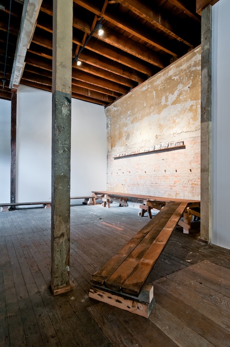 Laura Heit, "High Water," installation view, 2014. Photographs, shelf and pathway of original 1857 virgin fir floorboards