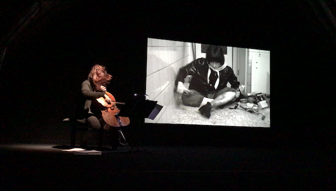 CHANTAL?, Sonia Wieder-Atherton on cello in the frame of Chantal Akerman
